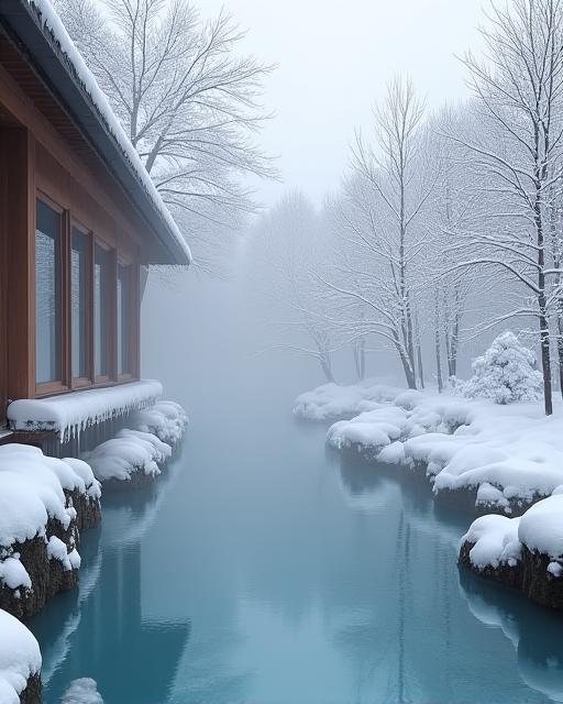雪景色の中の温泉